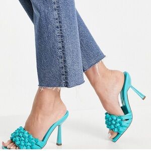 ASOS Wide Fit Nuno knotted high heeled slip on mules in blue size 9 NWT